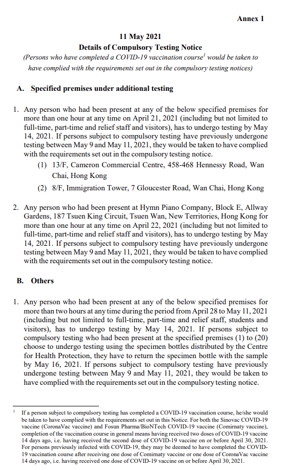 Compulsory Test Example Persons present at 3 specified premises and 27 schools during specified ...