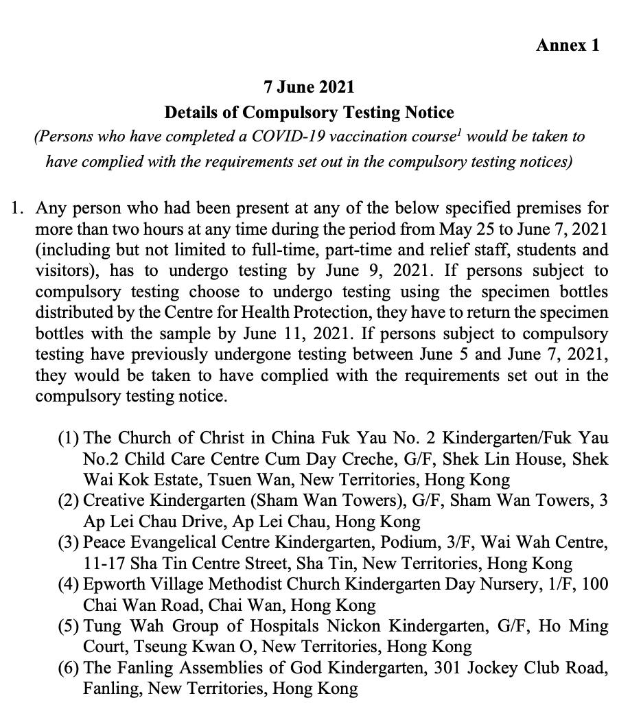 Compulsory Test Example Persons present at 13 specified premises during specified period to ...