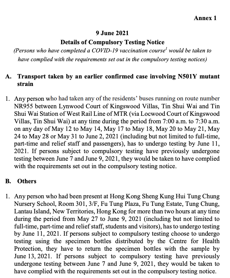 Compulsory Test Example Persons present at five specified premises/transport during specified ...