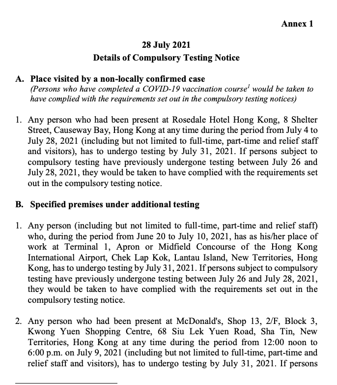 Persons present at Rosedale Hotel and 5 other premises during specified period to undergo compulsory virus testing