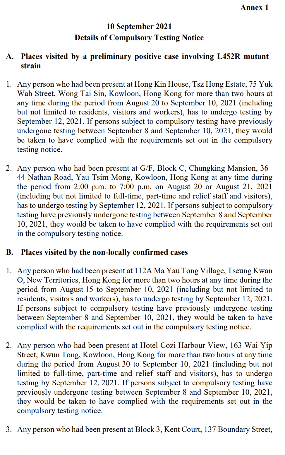 Compulsory Test Example Persons present at 7 premises including Chungking Mansions to undergo ...