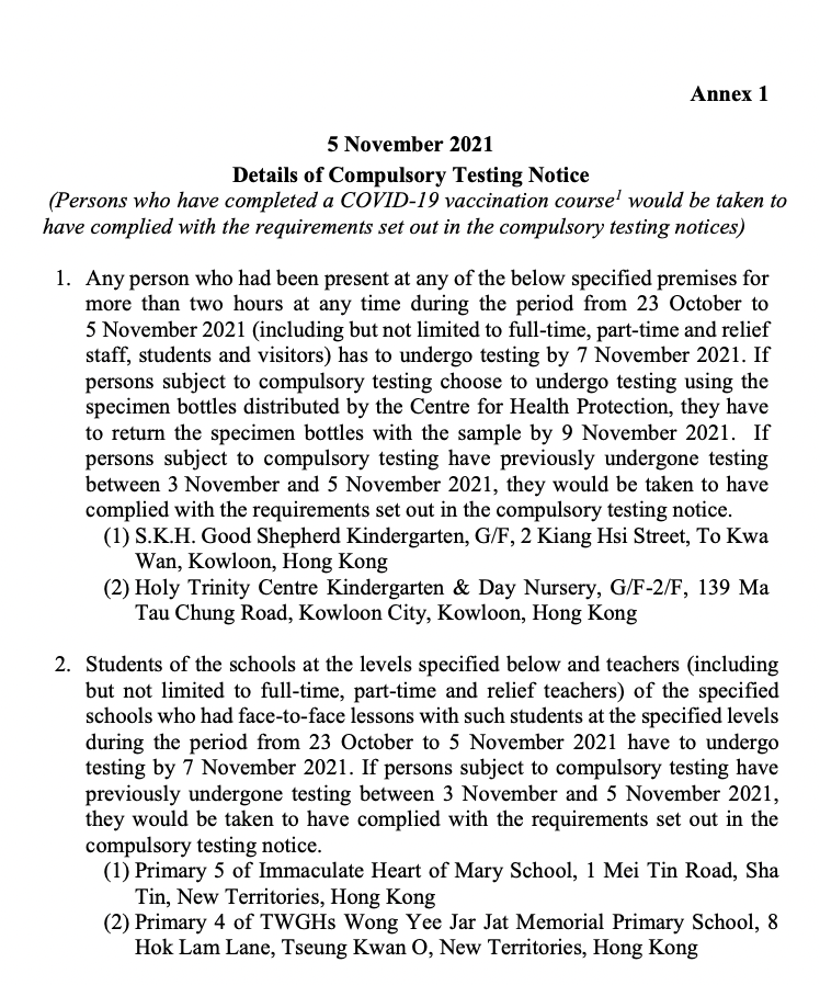 Compulsory Test Example Persons present at 4 specified schools and kindergartens to undergo ...
