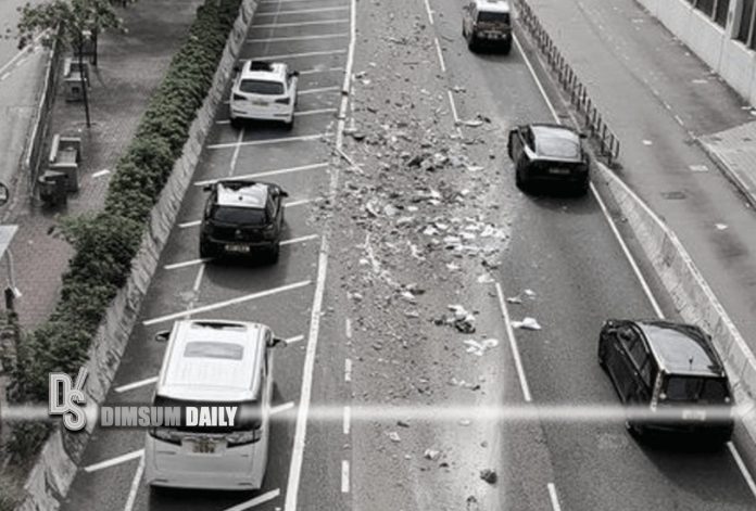 Lin Cheung Rd Bags of concrete debris fall on Lin Cheung Road in Tai Kok Tsui ...