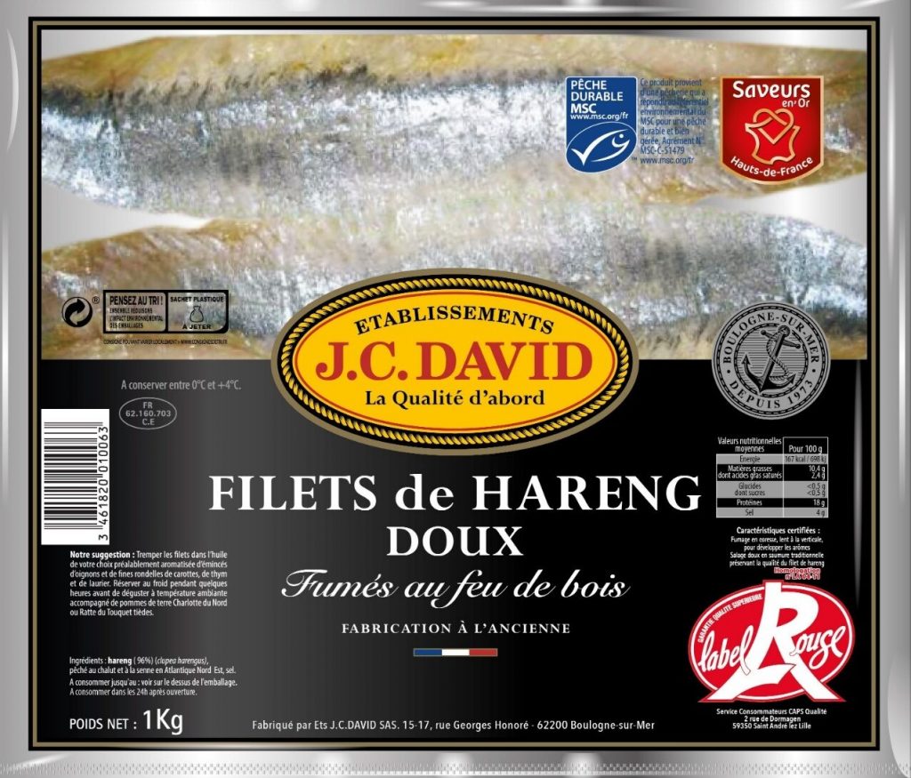 Prepackaged French smoked herring fillets by J.C DAVID suspected to be