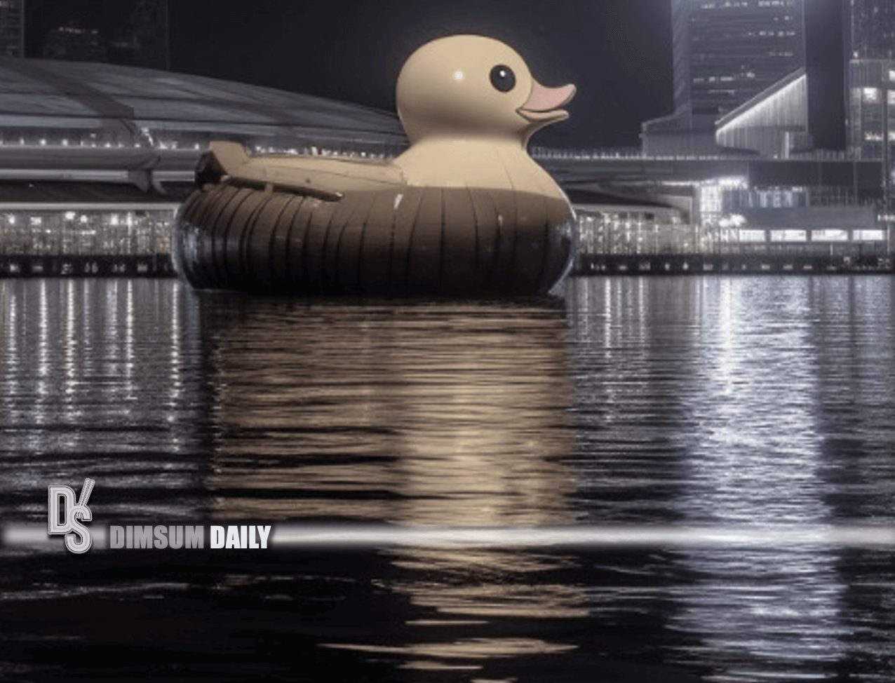 Giant rubber duck spotted at Victoria Harbour after being inflated near Hong Kong Convention and