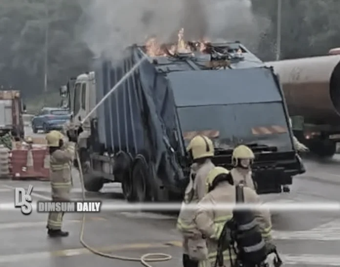 Garbage truck catches fire on Yuen Long Highway