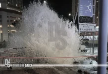 Burst water main on Ko Chiu Road sends spray into air and scatters debris across carriageway