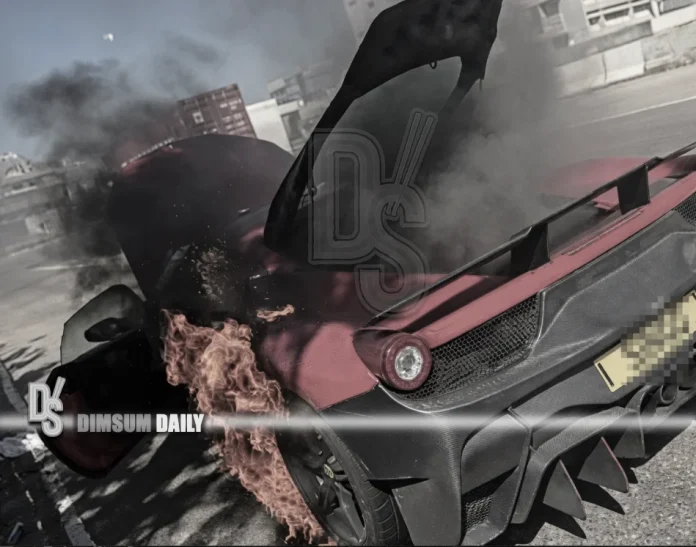 Red Ferrari catches fire while driving in Tuen Mun as driver escapes unhurt
