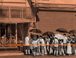 Hong Kong diners pay twice for a meal, first on a hot pavement and then at a cramped table